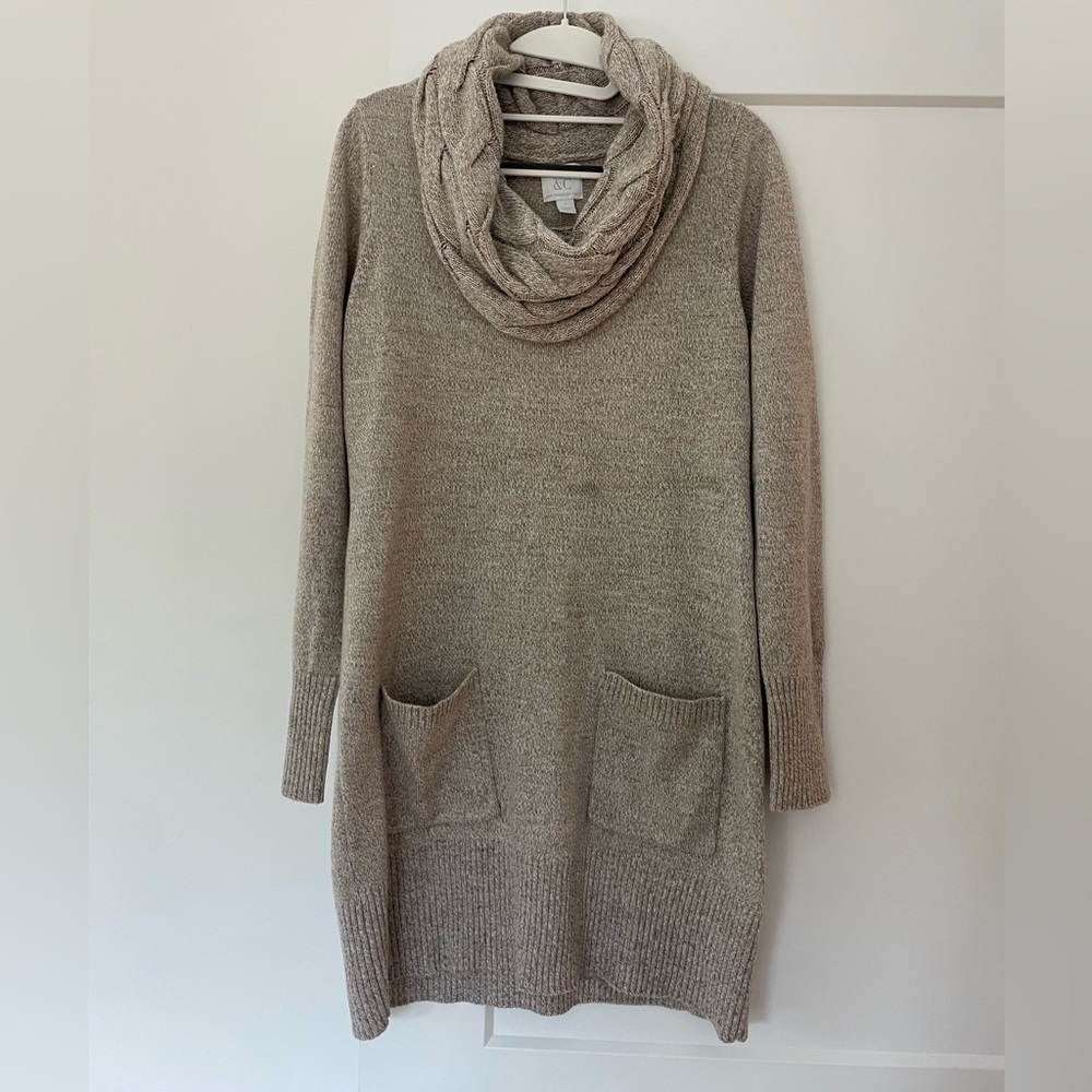 New York & Company Taupe Cowl Neck Sweater Dress Small